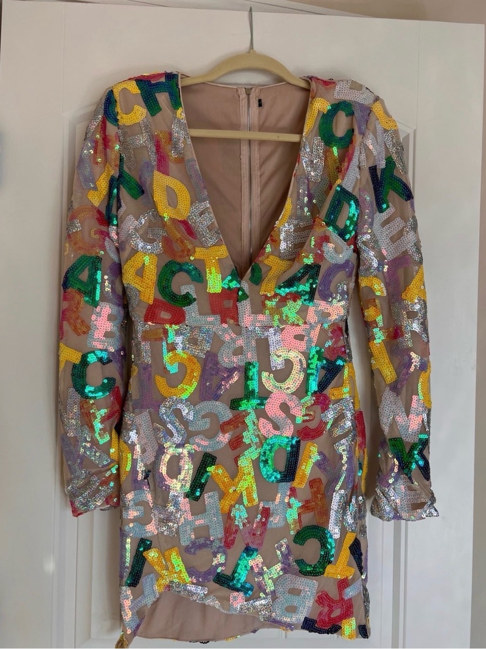 Multicolor Sequin Alphabet V-Neck Mini Dress